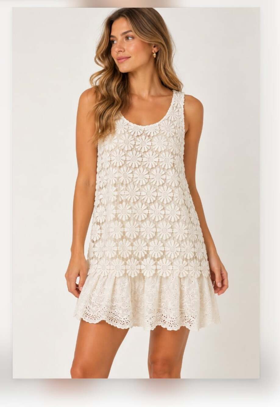 Desigual Dress Womens L White Lace Floral Crochet Tank Short Shift Sundress